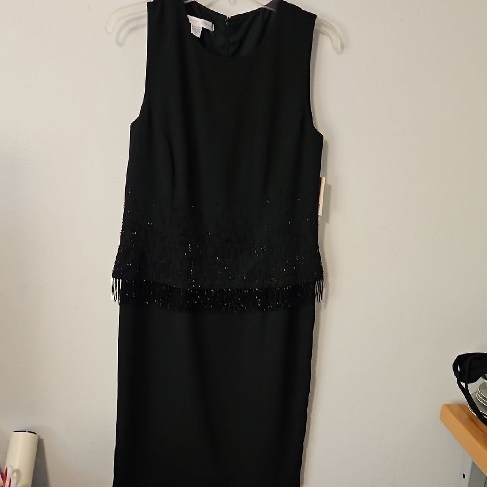 Chic Black Sleeveless Midi Dress with Fringe Detail